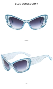 Front and side view of Y2K cat-eye sunglasses in transparent blue glitter frames
