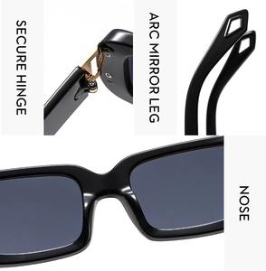 Detail view of square sunglasses with sturdy metal hinges and curved temple arms