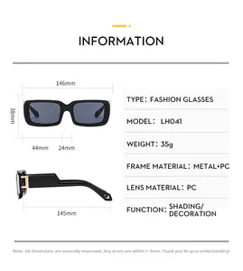 Detailed size chart and technical specifications for square hip hop fashion sunglasses