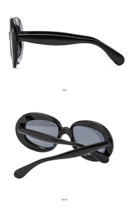 Detailed side and back views of oval vintage sunglasses with sleek black finish