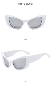 Front and side views of white cat-eye Y2K sunglasses with silver reflective lenses