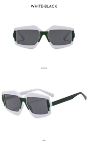 Moderne polygonale zweifarbige Sonnenbrille in Weiß und Dunkelgrün aus zwei Perspektiven gezeigt