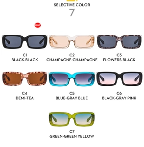 Selective color grid of rectangular retro sunglasses in seven trendy fashion shades