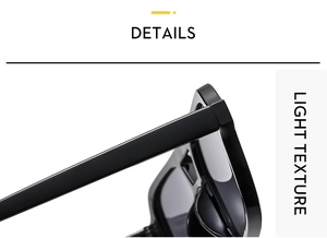 Close-up of the durable hinge and glossy black frame detail of square sunglasses