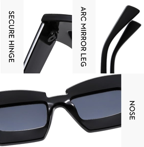 Détails des charnières, des branches en arc et des plaquettes de lunettes de soleil noires