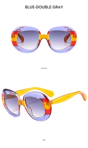 Front and 45-degree angle views of oversized oval sunglasses with colorful striped frames