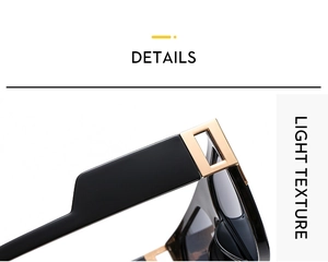 Detail of black sunglasses arm featuring a modern rectangular gold metal decoration