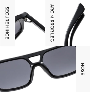 Detail view of square sunglasses featuring secure metal hinges and ergonomic arc mirror legs