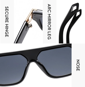 Detail of square sunglasses showing secure metal hinges and arc legs with diamond cutouts