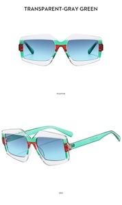 Detailansicht der geometrischen Colorblock-Sonnenbrille mit blauen Verlaufsgläsern und Rahmen