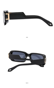 Side and back view of black square sunglasses with thick frames and gold temple details
