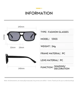 Detailed technical diagram showing dimensions of black double-bridge square sunglasses