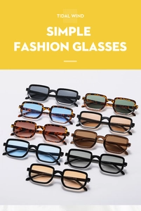 Detailed close-up of retro square sunglasses in multiple lens colors and frame finishes