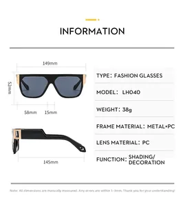 Detailed size specifications for square fashion sunglasses with metal and PC frame