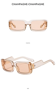 Front and side view of champagne square sunglasses with wide geometric temples and UV400 lenses
