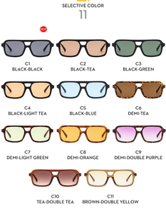 Detailed catalog showing 11 color options for square double-bridge sunglasses
