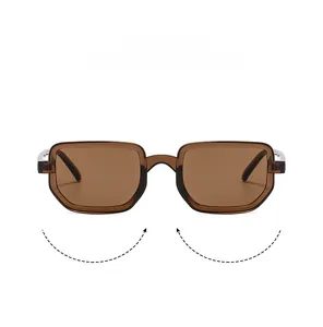 Detail view of rectangular tortoise shell sunglasses with retro brown tinted lenses