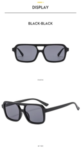 Classic black square double bridge sunglasses shown from front and 45-degree side views