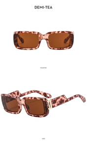 Detail of tortoise shell square sunglasses featuring stepped temples and gold accents