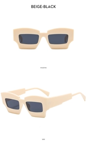 Lunettes de soleil géométriques beiges avec verres noirs vues de face et de profil