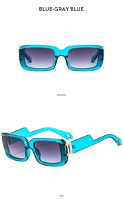 Detailed front and side views of blue square sunglasses with gold metal accents