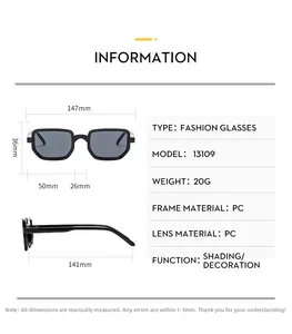 Size chart showing dimensions of vintage small frame sunglasses in 147mm width and PC material