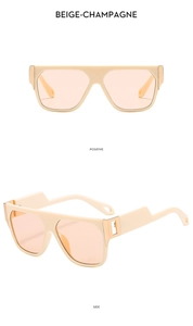 Close-up of beige square frame sunglasses with champagne lenses and metal hinge detail