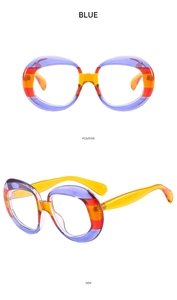 Detail view of oval retro sunglasses with purple orange stripe frame and yellow temples