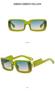 Detail view of green transparent square sunglasses with UV400 lenses and metal hinge