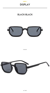 Front and side view of vintage black square sunglasses with thick frames and dark lenses