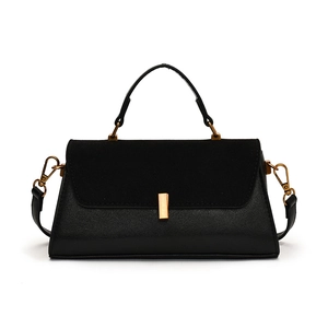 Minimalist black PU leather and suede patchwork handbag with elegant gold metal buckle