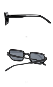 Side and back view of retro black square frame sunglasses with dark grey lenses