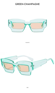Détail des lunettes de soleil géométriques vert menthe avec marquages UV400 et CE