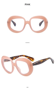 Pink oval frame sunglasses with tortoise shell temples shown in front and side views