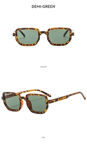 Detailed views of vintage square tortoiseshell sunglasses with green tinted lenses