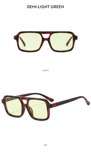 Close-up of tortoise frame sunglasses with double bridge and light green lenses