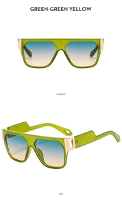 Close-up of square green translucent sunglasses with gradient lenses and gold metal accents