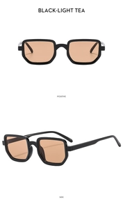 Front and side views of vintage black square sunglasses with light tea lenses