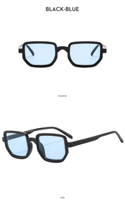 Front and side views of rectangular black sunglasses with blue lenses and geometric frames