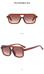 Front and side view of square double bridge sunglasses in transparent tea color finish