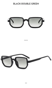 Detailed front and side views of vintage black square sunglasses with green lenses