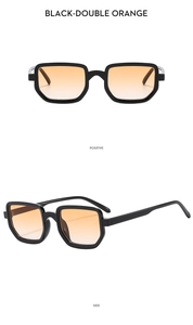 Detailed front and side views of vintage black sunglasses with orange gradient lenses