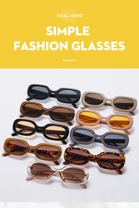 Detailed flat lay of vintage rectangular sunglasses in nine assorted colors and patterns