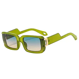 Green rectangular translucent sunglasses with blue-to-yellow gradient lenses and UV400