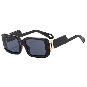 Modern square black sunglasses with wide geometric temples and golden metal hinges