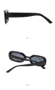 Detailed side and back view of retro black rectangle sunglasses with dark gray lenses