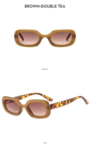 Front and side view of rectangular brown tea sunglasses with retro leopard temples