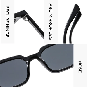 Detail view of square sunglasses with reinforced hinges and curved temple design
