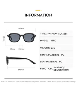 Size chart for retro square sunglasses showing dimensions of frame, bridge and temples
