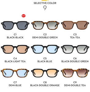 Collection of vintage square sunglasses in nine diverse frame colors and gradient lenses